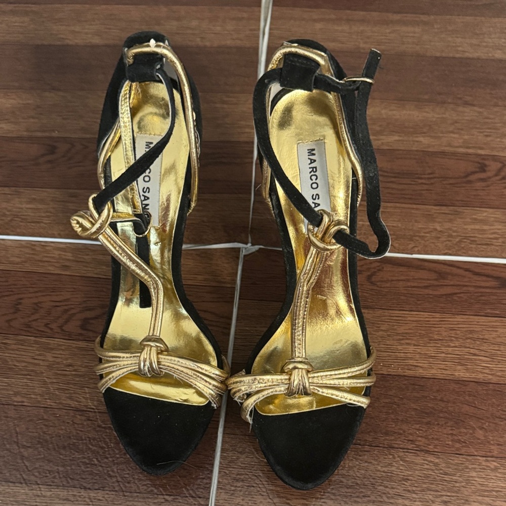 Marco Santi Black and Gold Strappy Heels